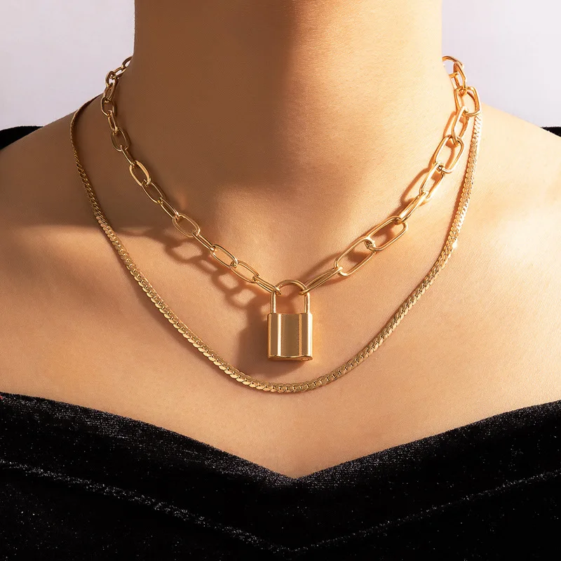 

New Trendy Double Layers Snake Chain Clavicle Necklace Gold Plated Link Chain Lock Pendant Necklace for Hips Hops