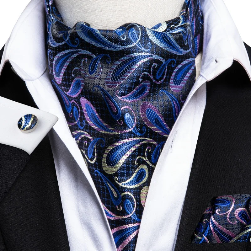 

New Design Paisley Floral Royal Ascot Tie Handkerchief Cufflinks for Men, Blue purple green orange pink