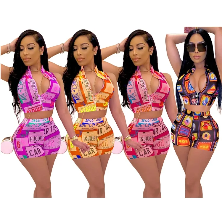 

2021 Female Printed Outfits Crop Tops Shorts Plus Size Summer Sexy Two Piece Set For Women, Picture shown