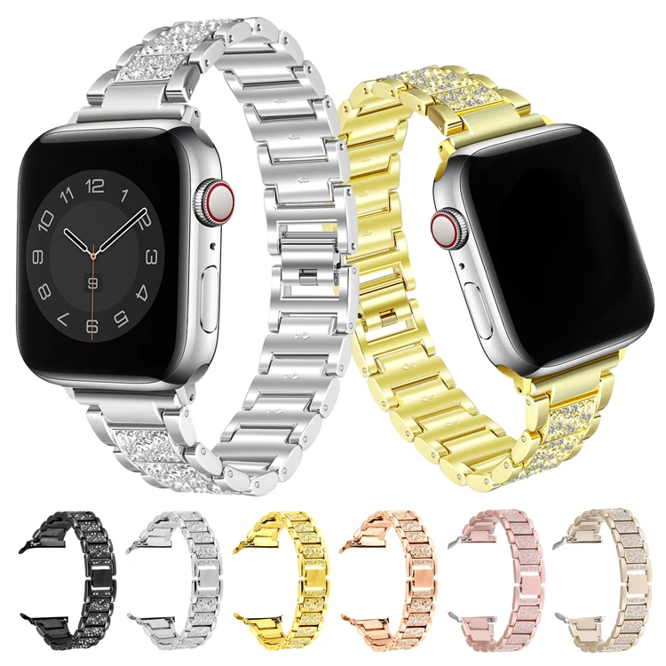 

20mm 22mm Luxury Diamond Metal Waterproof Watch Strap Replacement Wrist Stainless Steel Smart Watch Band for Apple Watch, Black, gold, rose gold, silver,etc.