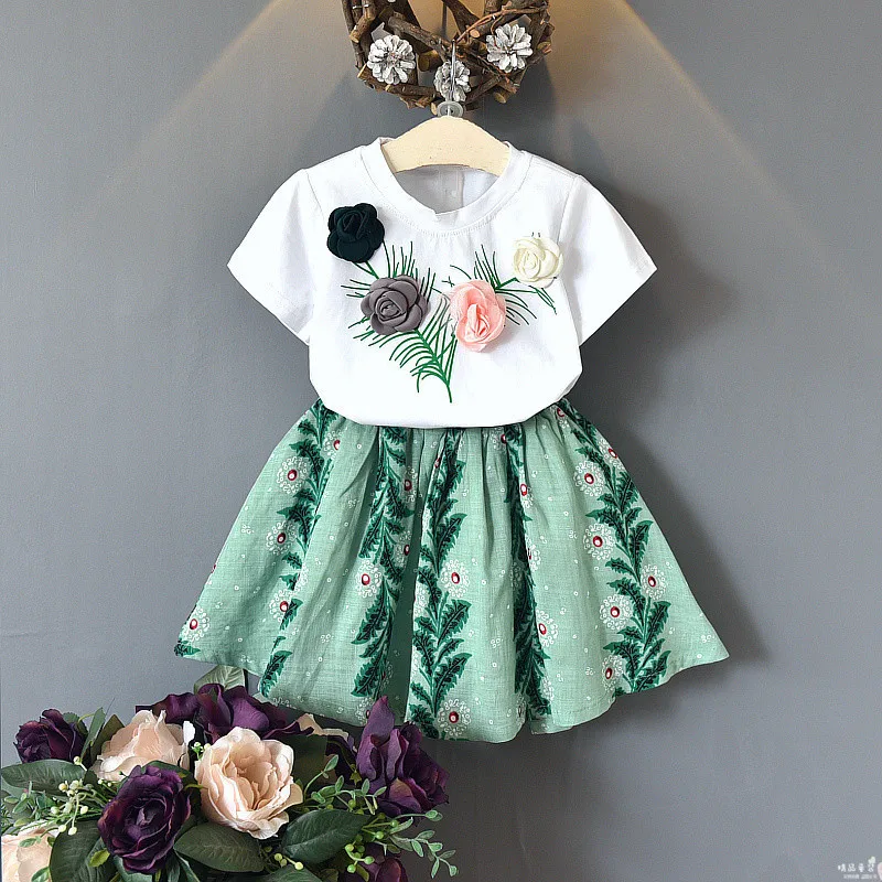 

Kids clothes 2020 New Arrival Summer Girl Flower Dress Beautiful Rose Shirt Skirt 3-7 years old Two Pieces Sets