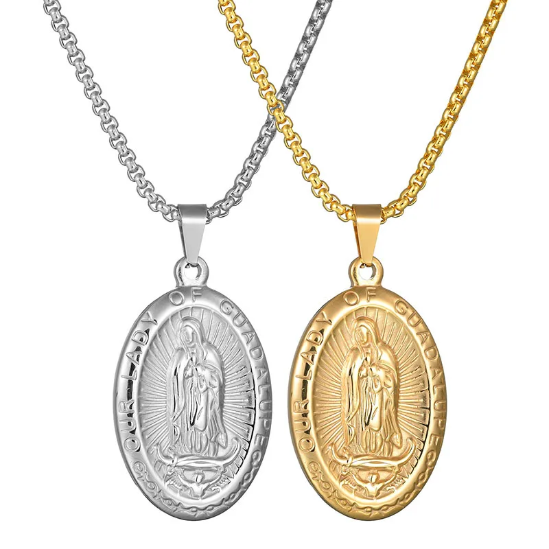 

Retro Religious Guadalupe Madonna Virgin Mary Gold Plated Necklace Relief Pendant Stainless Steel Necklace Men And Women Jewelry, As pic shown