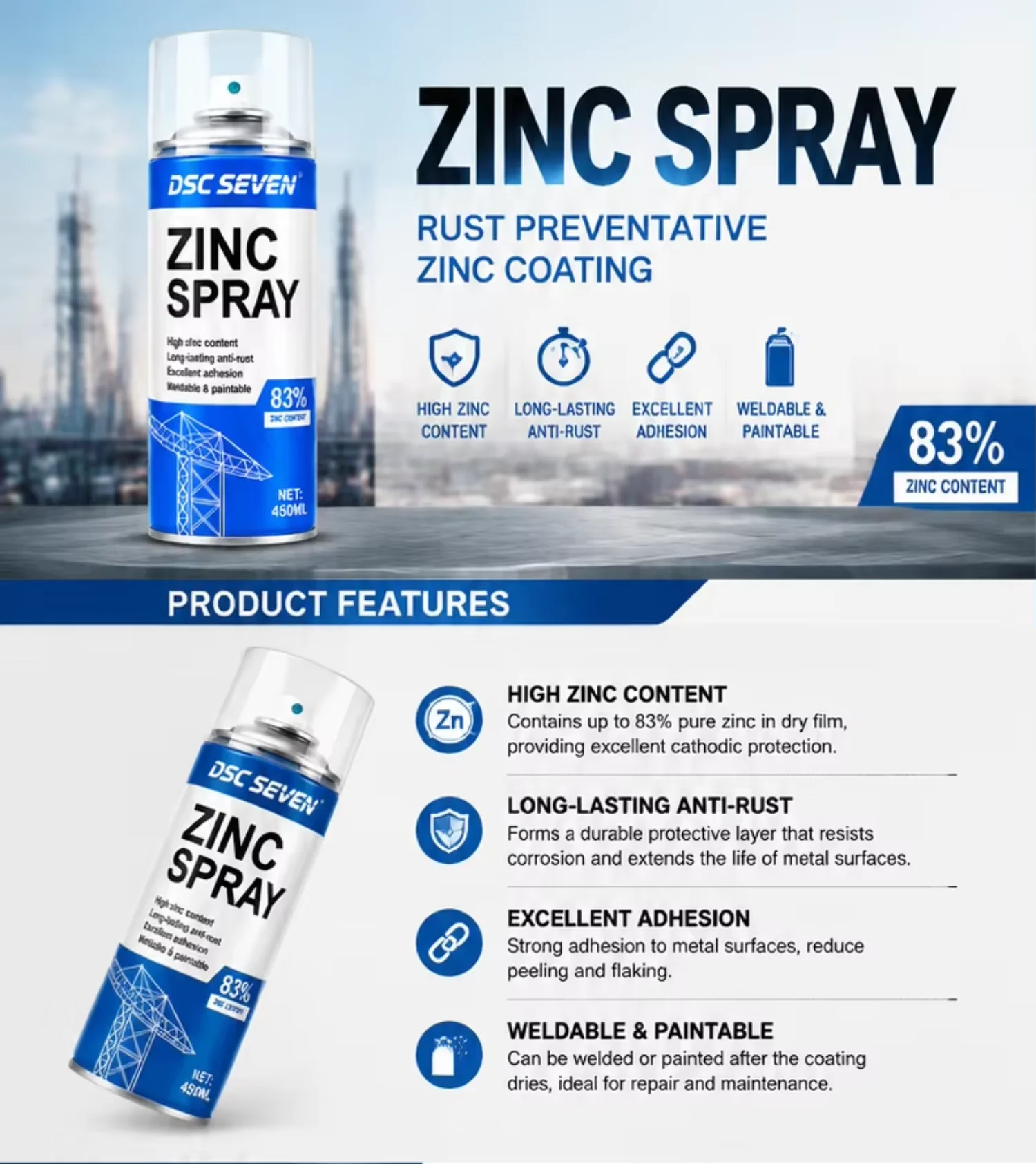 83% Zinc Spray Aerosol Can Cold Galvanizing Rust Protection Touch-Up Coating for Welding Seam & Damaged Metal