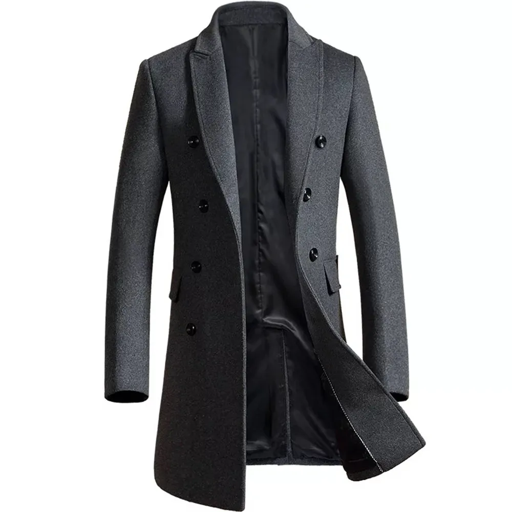 

Latest Design Men's Woolen Coat Slim Fit Double Breasted Winter Long Coat for Men, Black/grey