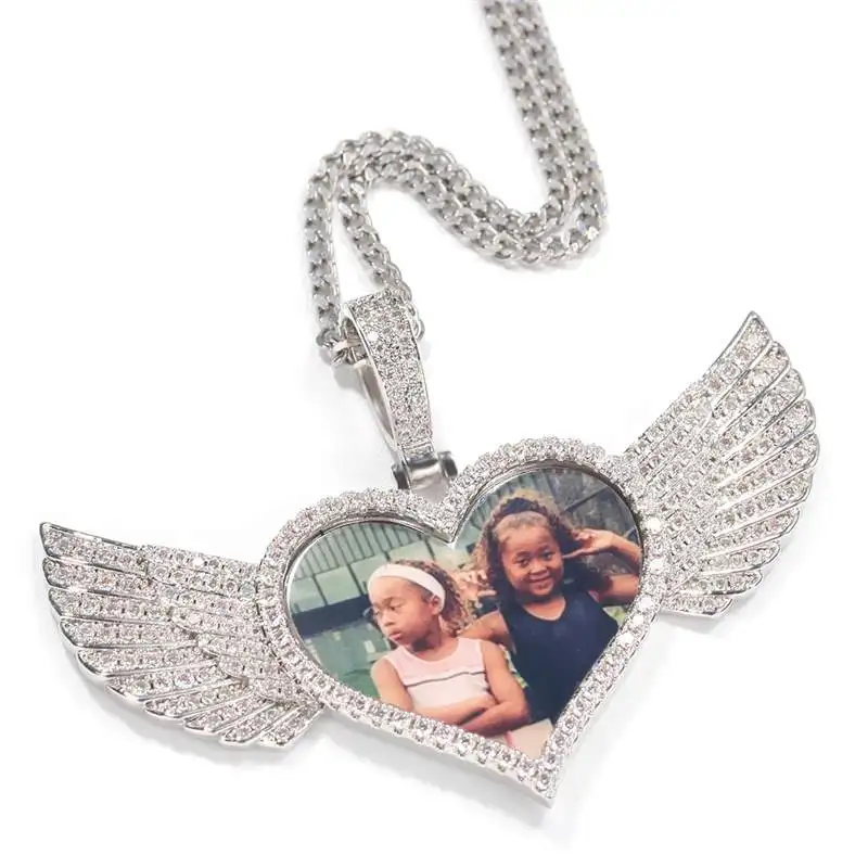 

Free Sample Hip Hop Brass Zircon Heart Wings Custom Photo Pendant Memory Picture Necklace High Quality