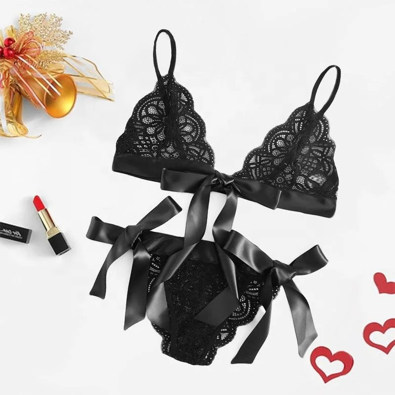 

2021 New Bow Flirt Sexy Lingerie Exotic Set Three Point Lace Transparent Bra Underwear