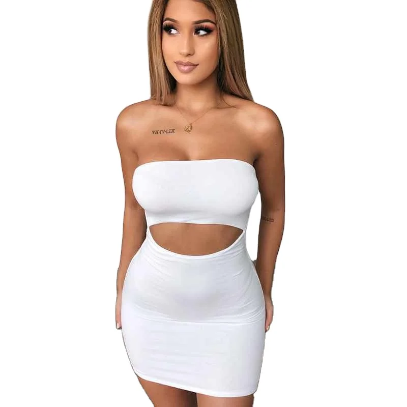 

Sexy Solid Hollow out bodycon Dress Women White Off Shoulder Strapless Sleeveless Slim Soft Elegant Dress, Black and white