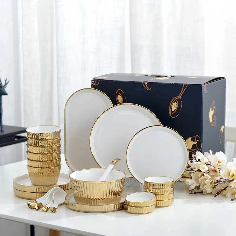 

Newest design gold porcelain plate dish bowl luxury welding dinnerware tableware dinner set