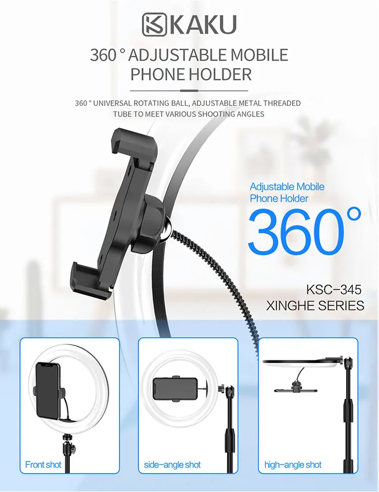 360 adjustable professional  led ring light retractable mobile phone stands with tripod stand for live telecast