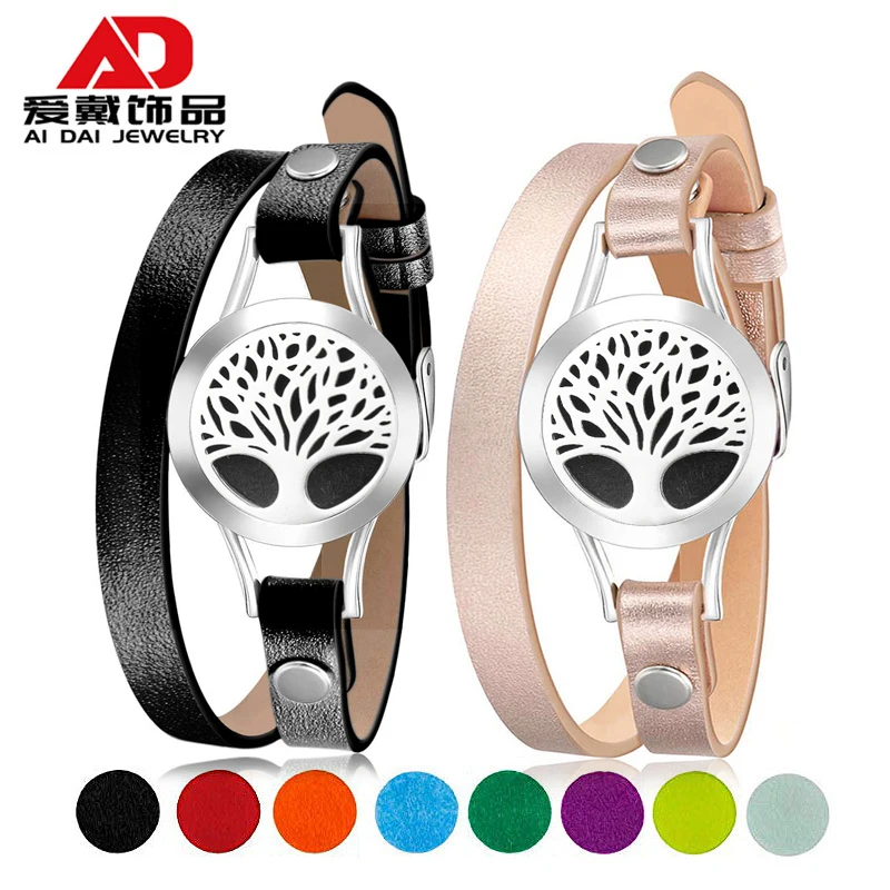 

25MM Titanium Acacia Tree Hollow Aromatherapy Essential Oil Diffuser Leather Bracelet