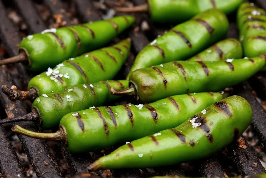 Frische Shishito Peppers beim Braten auf dem Grill mit sichtbaren Brandflecken und Meersalz