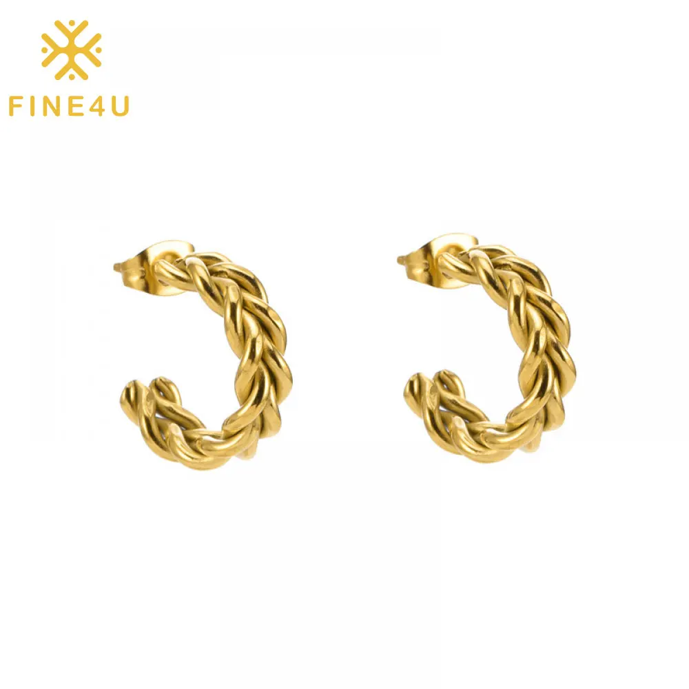 

Fashion Hypoallergenic Non Tarnish Waterproof Jewelry Gold Plated Thick Twist Stainless Steel Hoop Earrings