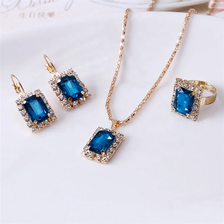 Fashion women accessories high end alloy gold plated inlay sapphire necklace jewelry set for wedding
