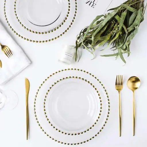 

Clear dinner wedding glass gold beaded charger plate, Customized color
