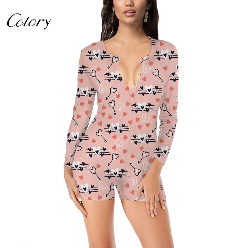 

Colory Valentines Long Sleeve Onesie Bodycon Rompers Wine Print Pajamas, Picture shows
