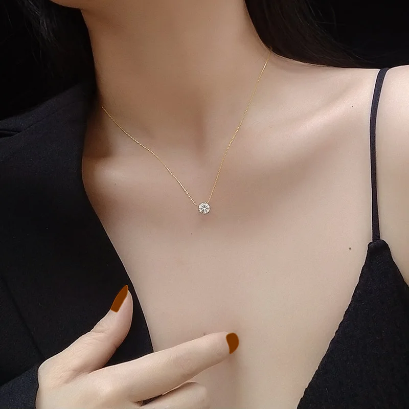 

French ultra-fine Vertical Chain Single Zircon Clavicle Necklace Titanium steel Material 18K Gold Plated Hypoallergenic