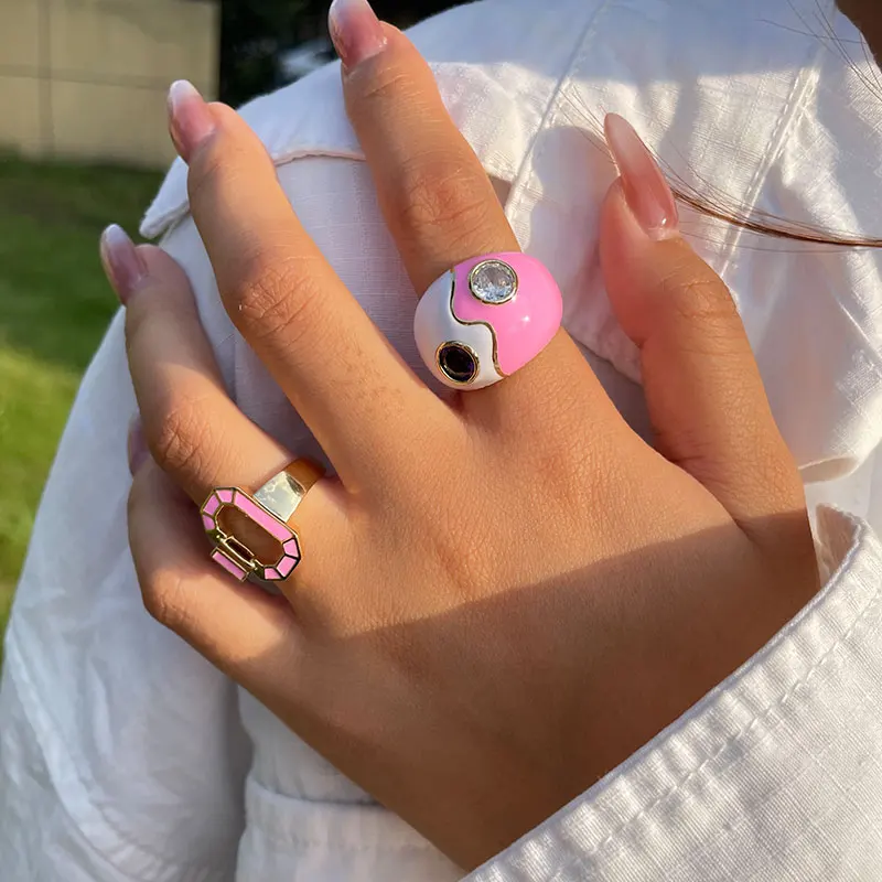 

2021 NEW Hollow Out Oval Transparent Zircon Dripping Oil Metal Colorful Yin Yang Ring for Women Party Jewelry Gifts, Like picture
