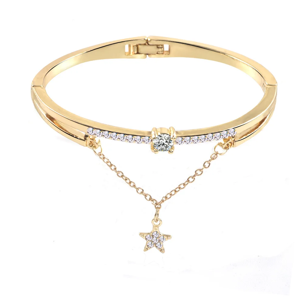 

18k gold plated crystal micro pave zinc alloy star charm bangles bracelet for women gift, Silver/gold/rose gold