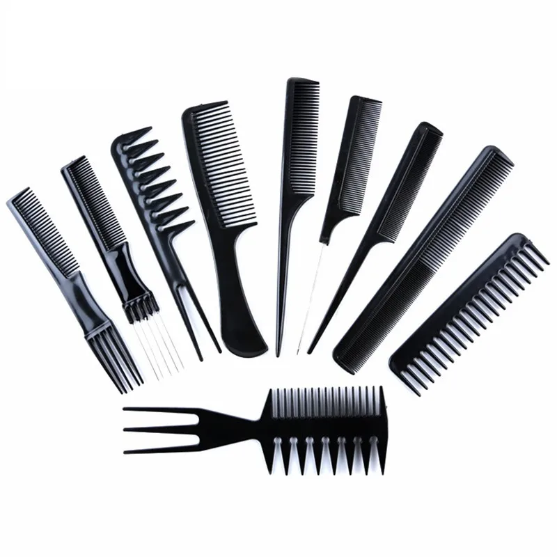 

CB001 10pcs/Set Professional Hair Brush Comb Salon Anti-static Hair Combs Hairdressing Combs Hair Care Styling Tools Barber, Black