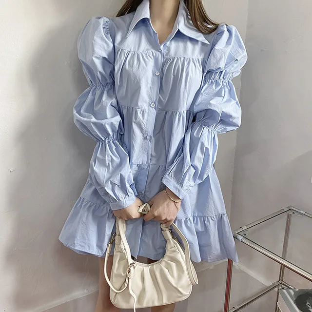 

Women Shirt Dress Puff Lantern Sleeve Pleated Button Front Mini Cake Dress