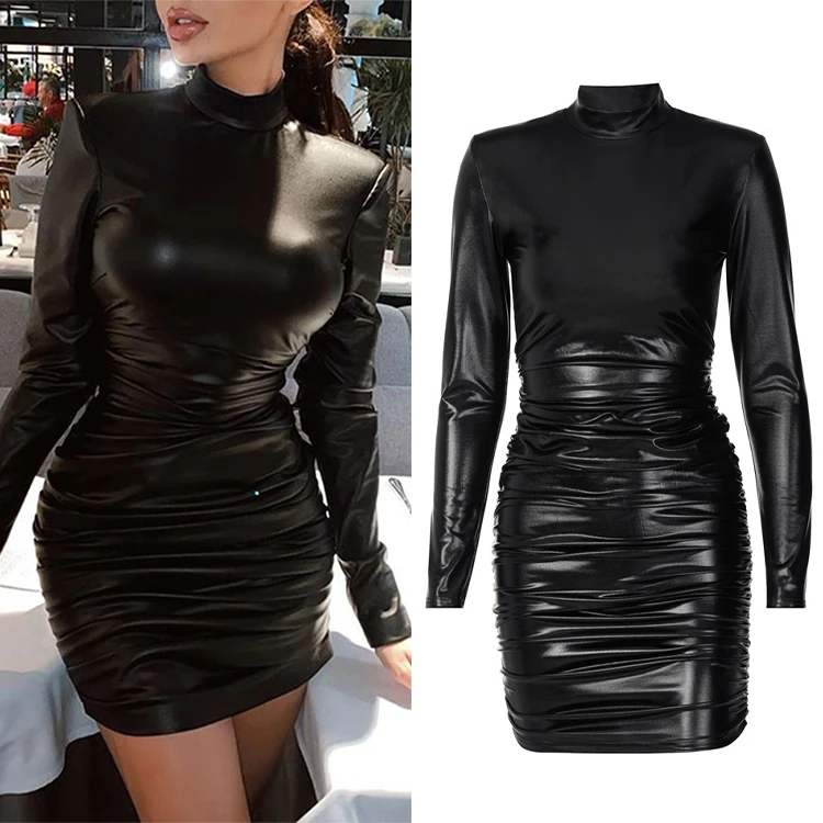 

Party Elegant Ruched Turtleneck Long Sleeve Bodycon Bandage Autumn Winter Club PU Leather Mini Dress