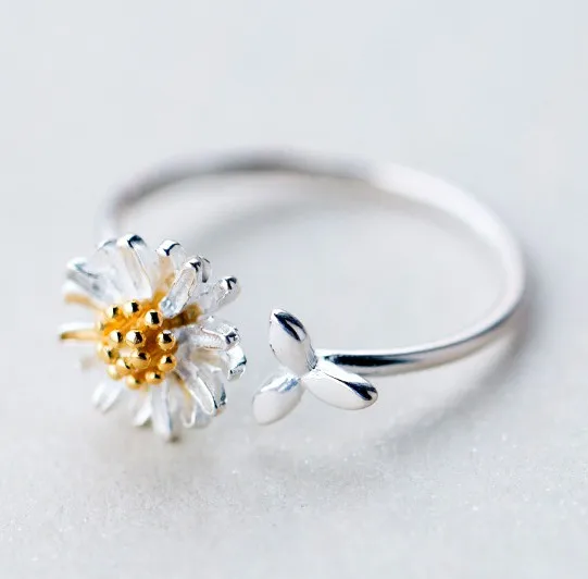 

New Arrival Open Cuff Flower Daisy Rings 925 Sterling Silver Daisy Leaf Opening Rings For Gifts