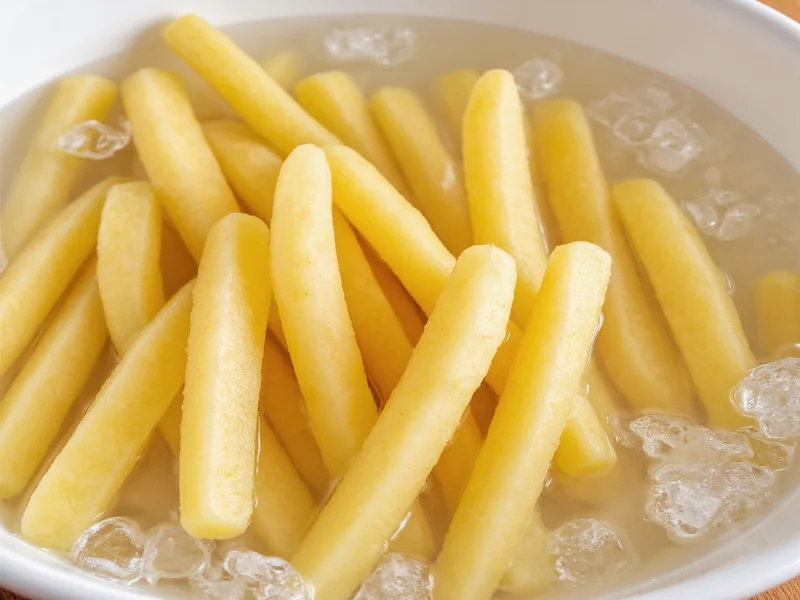 Potato sticks soaking in ice water bath