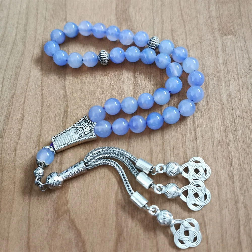 

Allah Rosary Necklace 8mm 33 pcs Natural Blue Agate Stone Tasbeeh Subha Misbaha Islamic Tasbih Muslim Prayer Beads Rosary