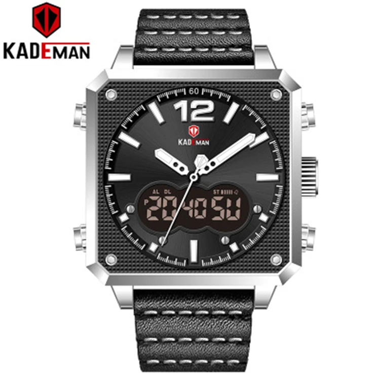 

KADEMAN K9038 Top Luxury Brand Men's Analog Digital Sports Watches Genuine Leather Square Shape Quartz Watch Relogio Masculino