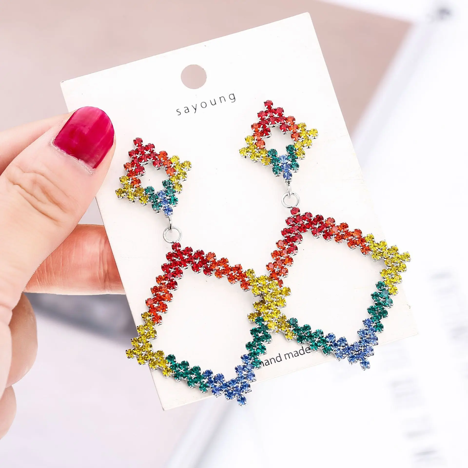

Rhombus colorful earrings Delicate Design fashion Popular rhinestone crystal Handmade Pendant Ear studs For Girls Women gifts, Gold,silver