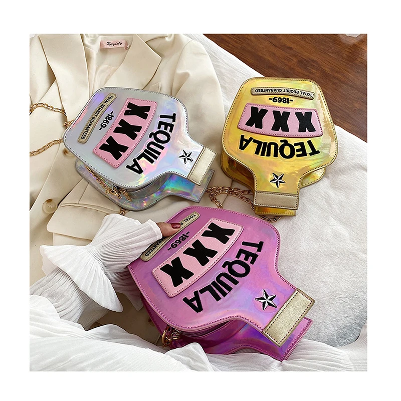

Creative Fun Embroidery Letters Women Chain Purse Handbags Tequila Wine Bottle Shoulder Bag Ladies Laser Glitter Messenger Bag