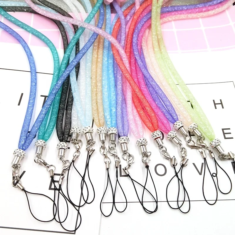 

Free Shipping Charm Cord Badge Holder Chain Phone Lanyard Keys Colorful Diamond Neck Nylon Shiny Bling Net Long Strap
