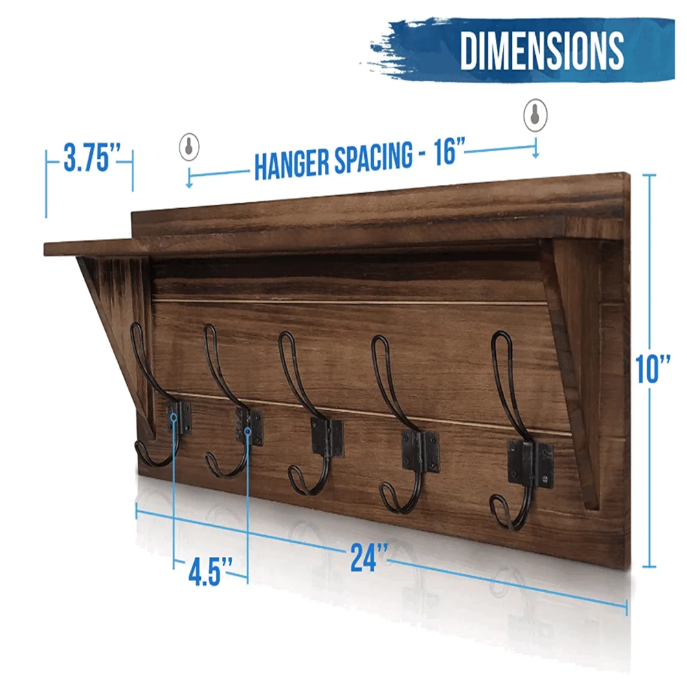 Country rustic style brown solid pine wood with 5 hooks best selling key rack vintage wall coat rack coat rack wall