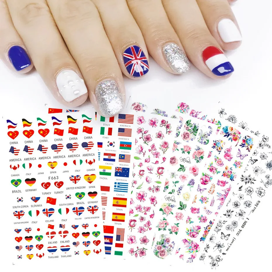 

Nail Supplies Retro Ancient Nail Sticker Wraps America Nation Flags Designs Self Adhesive 3D Floral Blossoms Nail Art Sliders