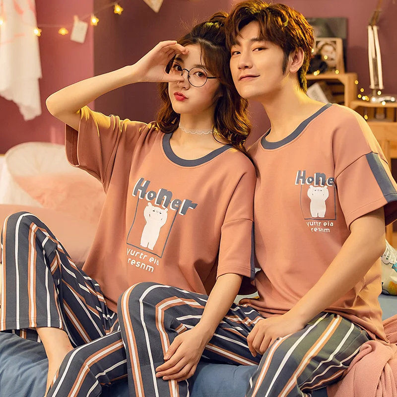 

Cartoon Printed 2 pcs/set Cotton Pajamas Couple Cute Suit Female Lover Causal Summer Short Sleeve Shorts Sleepwear