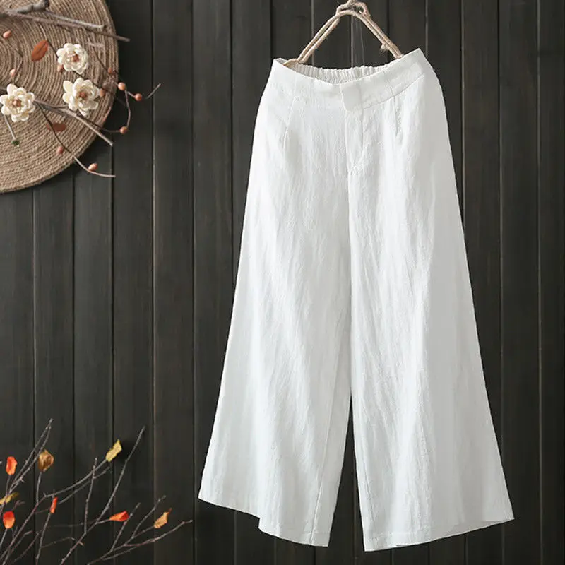 

High Waist solid white color office workwear Wholesale ladies cheap Casual Back waist elastic Trousers Wide leg pants women