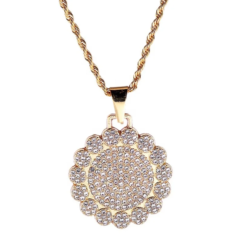 

Hot New Hiphop Iced Out Full Diamond Sunflower Pendant Necklace Cuban Link Chain For women men's Necklace Jewelry gift, Picture