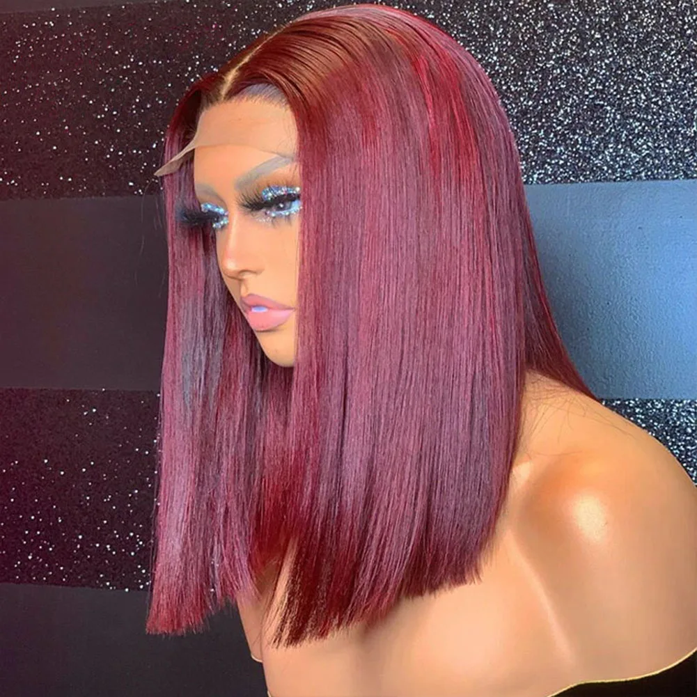 

99J Transparent Lace Wig Short Wigs For Black Women Human Hair Straight Bob Burgundy Lace Frontal Wig