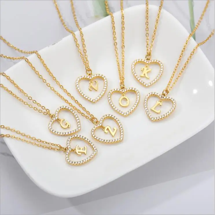 

High Quality Customized CZ Stone 26 Initial Alphabet A-Z Letter Personalized heart English Font 18k Gold Plated Necklace