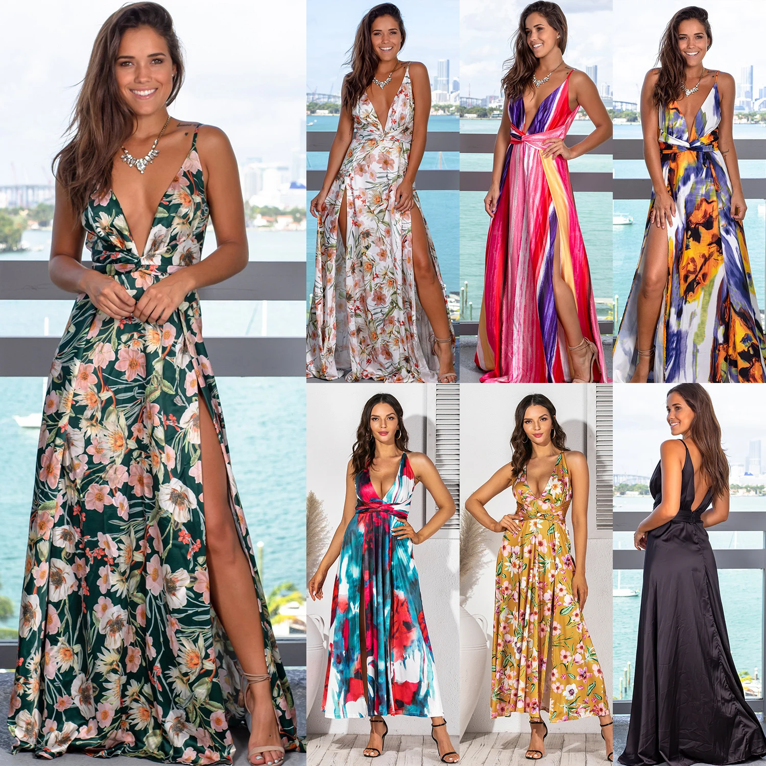 

2021 Women Casual Loose Floral Print Sleeveless plus size maxi boho dress boho backless v neck summer beach dresses