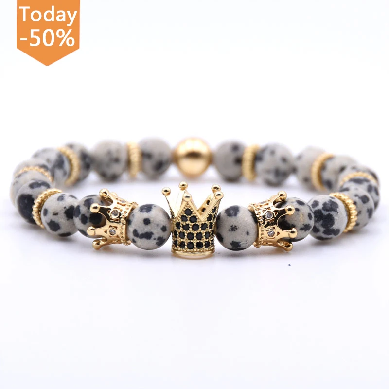 

High Quality Jewelry Gold White Stone Crown Bracelet Volcanic Stone Bracelet Men Natural Stone Bead Bracelet