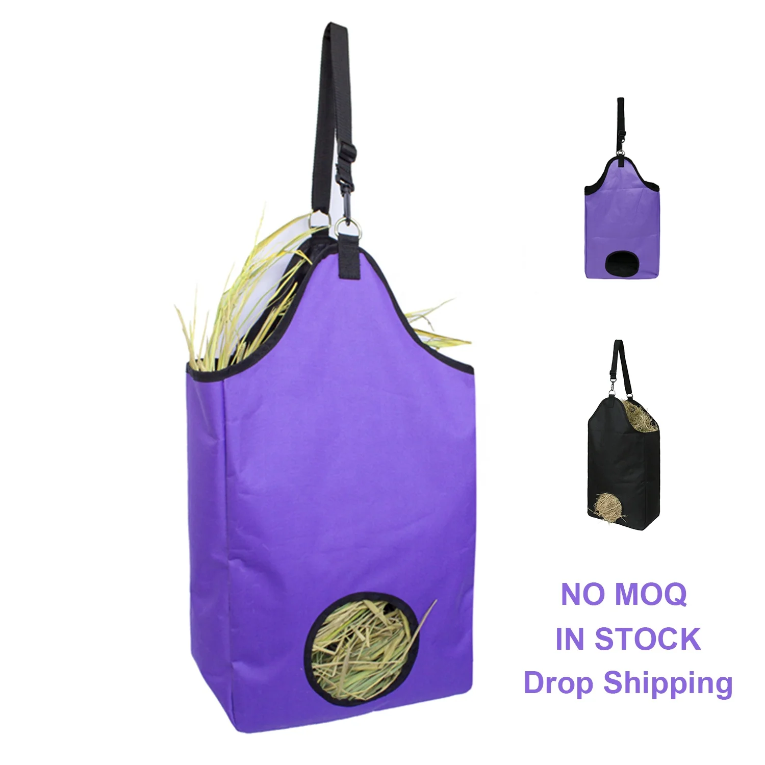 

Wholesale 600D Canvas Nylon Horse Feeding Hay Bag Solid Panel with Metal Rings Slow Feed Horse Hay Bag Pouch for Goats Alpacas, Purple/black