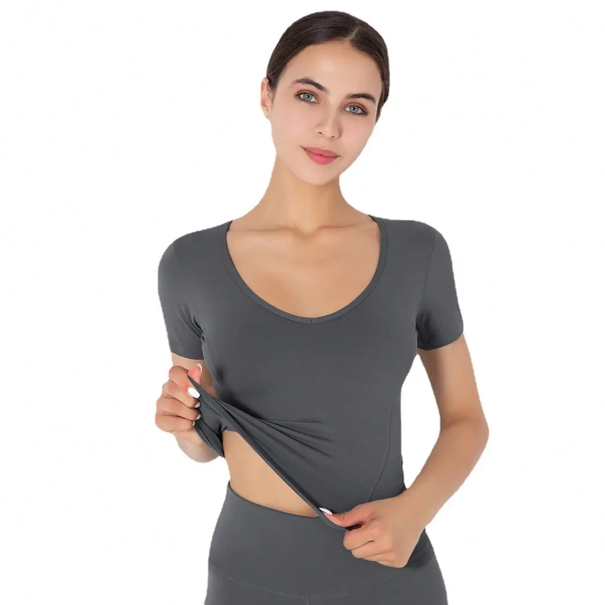 

Fashion Casual Yoga Crop Top sexy Slim Fit V Neck body sculpting short-sleeved t shirt sport women running training top fitness, Solid color