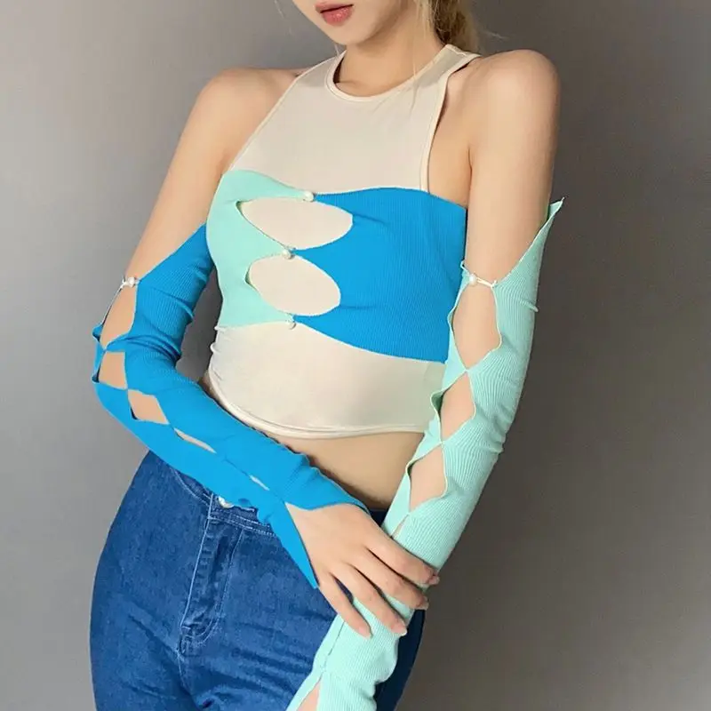 

2021 new arrivals fashion summer colorblock camis with sleeves women ladies tank Tops