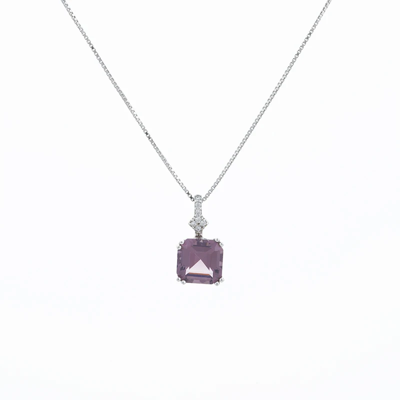 

Luxury Women Jewelry 925 Sterling Silver Rhodium Plated Square Shape Purple Stone Pendant Necklace