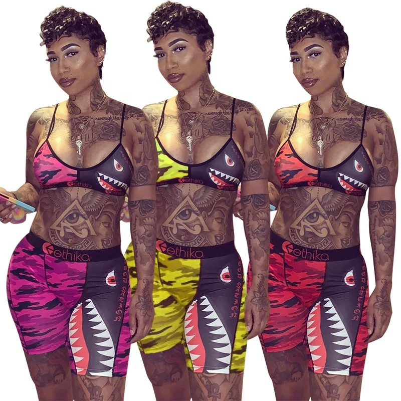 

Women Clothing 2021 Fashion Shark Mouth Print Strecthy 2 Piece Set Woman Sports Jogger Pants Shorts Vest Short Pants Summer