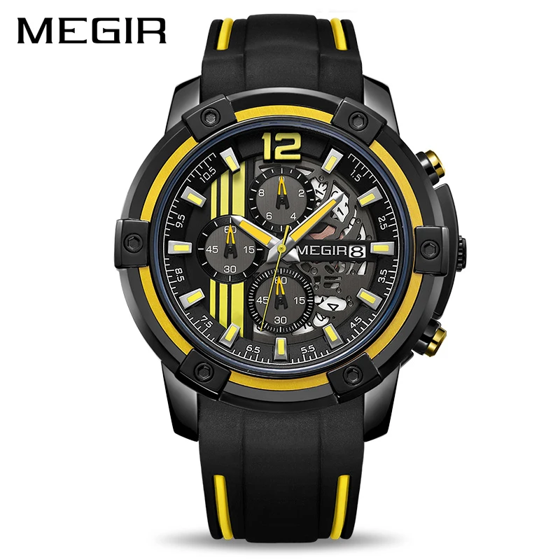 

MEGIR 2097 trending yellow gents quartz watch complications Genuine Leather band 3 dials chronometer calender outdoor watch kit