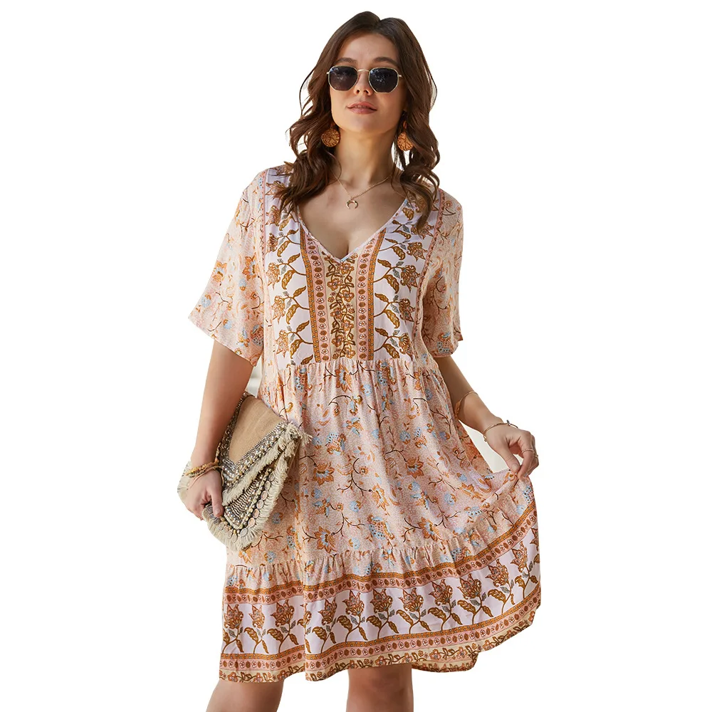 

Fashion Plus Size Women's Clothing 2021 New Summer Loose Fat MM Skirt Boho Dress Printing Casual Dresses Natural Short Simple, As shown
