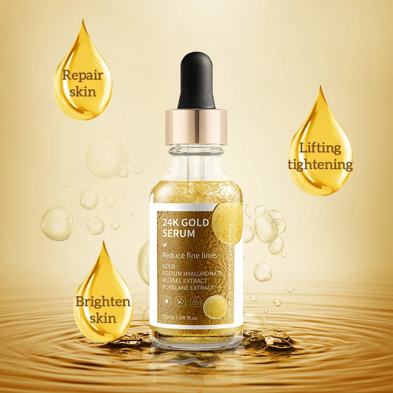 

24K Pure Gold Essence Gold Flakes Acid Anti Aging Wrinkle Moisturizing Firming Face Serum Treatment for Women Skin Care