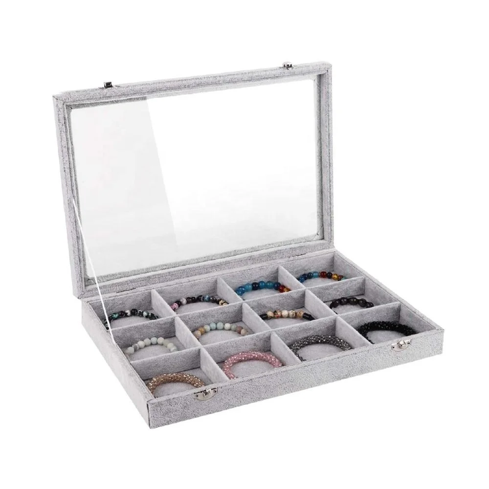 

Clear Lid 12 compartments stackable luxury velvet storage jewelry packing display trays